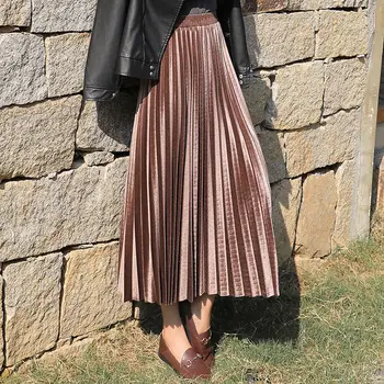 2019 new Fashion Autumn Winter Pleated Skirt Womens Vintage High Waist Skirt Solid Long Skirts New Fashion Metallic Skirt Female