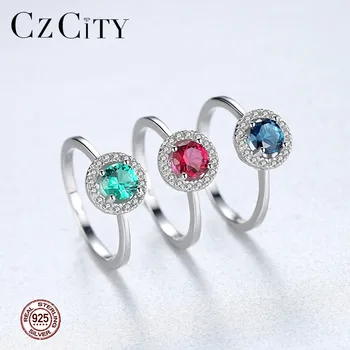 CZCITY 925 Sterling Sølv Luksus 8mm Runde Topas Ringe til Kvinder 3 Farver i Høj Kvalitet, Engagement Gemstone Ring Sølv Smykker