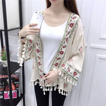 Cheshanf Etniske Boho Kimono Cardigan Vintage Blomster Broderi Cardigan Pige Beige Sort Hvid Cardigans Kvinder Sommer