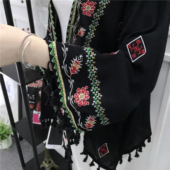 Cheshanf Etniske Boho Kimono Cardigan Vintage Blomster Broderi Cardigan Pige Beige Sort Hvid Cardigans Kvinder Sommer