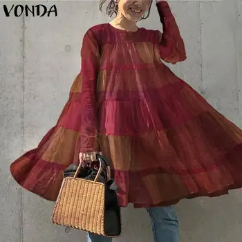 Afslappet langærmet Stranden Sundress VONDA 2021 Efterår Forår Vintage Patchwork Trykt Femme Kjole Boheme Vestidos Plus Størrelse 5XL