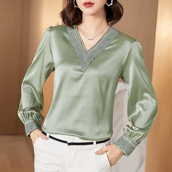 Koreanere Silke Kvinder Bluser Kvinde, V-hals Silke Skjorte Kvinder langærmet Bluse Kvinde Broderet Satin Bluser Hvide Toppe Plus Størrelse