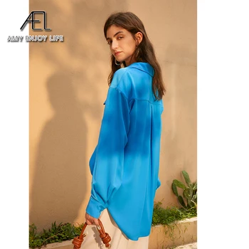 AEL Kvinder Kausale Shirt Grundlæggende Solid Satin langærmet Vintage Bluse Turn-Down Krave Løs Øverste Knap Op-Shirts blå