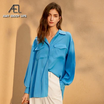 AEL Kvinder Kausale Shirt Grundlæggende Solid Satin langærmet Vintage Bluse Turn-Down Krave Løs Øverste Knap Op-Shirts blå