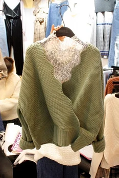 Korea Ny Stil til Efteråret og Vinteren Blonder med V Hals Bunden Shirt + Strikket Sweater To-delt Sæt til Kvinder