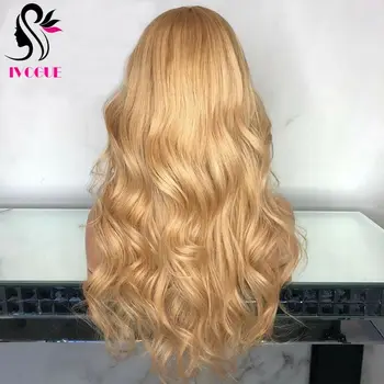 Golden Blonde menneskehår Parykker Body Wave Lang Bølget Europæisk Remy Human Hair Lace Front Wig med Baby Hair Gratis Del Farve #27