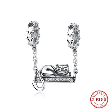 Nye 925 Sterling Sølv Charms Perler Søde Kat Liggende Swing Klare CZ Passer til Pandora Oprindelige Armbånd Kvinder Diy Smykker