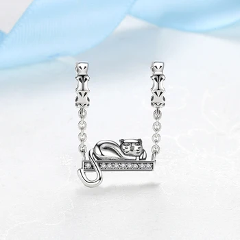 Nye 925 Sterling Sølv Charms Perler Søde Kat Liggende Swing Klare CZ Passer til Pandora Oprindelige Armbånd Kvinder Diy Smykker