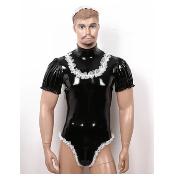 Mænd Tøsedreng Stuepige Cosplay Kostume Wet Look Patent Læder af Høj Hals Kort Puff Ærmer Trikot Bodysuit med Elastisk Blonde Hovedbøjle