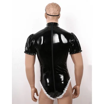 Mænd Tøsedreng Stuepige Cosplay Kostume Wet Look Patent Læder af Høj Hals Kort Puff Ærmer Trikot Bodysuit med Elastisk Blonde Hovedbøjle