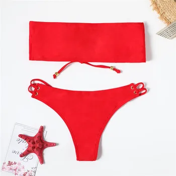 High cut bandage badedragt kvindelige strand slid Sommeren 2019 nye røde bikini sæt Blonder op badende push up sexet badetøj kvinder biquini
