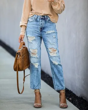 Nye fritids-commuter jeans med huller i Europa og Amerika street hipsters med revet talje og straight ben bukser