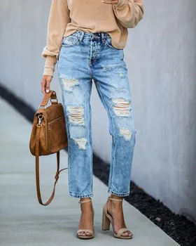 Nye fritids-commuter jeans med huller i Europa og Amerika street hipsters med revet talje og straight ben bukser