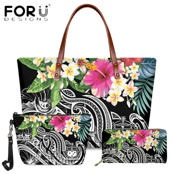 FORUDESIGNS Hot Sælgende Mærke, Design Kvinder 3stk Sæt Bag Polynesiske Samoan Plumeria Hibiscus Print Luksus Taske Og Pung Sac