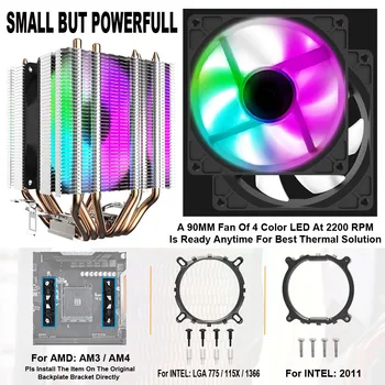 CPU Køler 6 varmerør Heatsink med 90mm Regnbue LED Fan 3pin Computer CPU Køling Til LGA/2011/775/115x/AM4