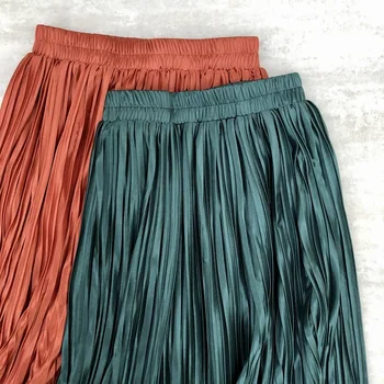 Sping Sommeren Kvinder Midi Plisserede Nederdele Metallisk Farve Skinnende Lange Nederdele Afslappet Daglige Nederdel For Kvinder