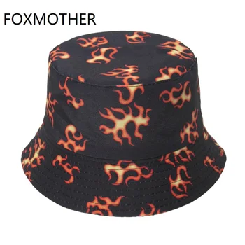 FOXMOTHER Nye Punk Vendbar Sort Panama Bob Fiskeri Caps Flamme Mønster Bucket Hat For Herre Hip Hop Gorro Dropshipping