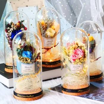 Udødelige Blomst Rose buket I en corked Glas Flaske LED-lampe Dekorere Bryllup Smykker Fødselsdag Gave til mors Dag Gave
