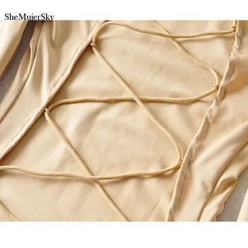 SheMujerSky Sexede Kvinder Backless Bodysuit Solid Farve Tynde Slank Med Lange Ærmer Jumpsuits 2020 Tilbage På Tværs Bandage Bodyer