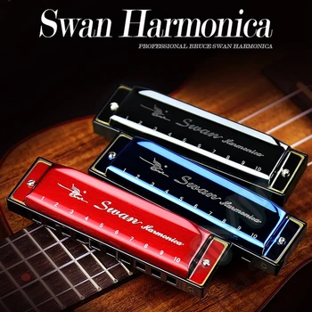 SWAN 10-Hullers Mundharmonika-Tasten for Diatoniske C Blues Harpe Rød/Sort/Blå