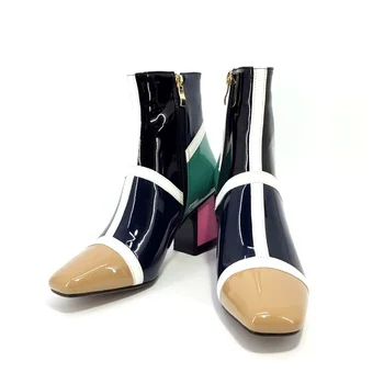 Mode blandet farve microfiber patent læder ankle støvler til kvinder firkantet tå cowboy bane kvinder støvler med høj hæl kile pumper