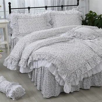 Super hot sæt sengetøj Romantiske blonder flæsekanter duvet cover print dekorative pudebetræk Queensize-seng ark Dynen quilt cover sæt