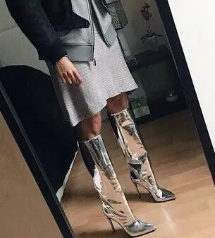 Fashion designer Spejl Støvler Spids Tå Sølv Lange Støvletter Knæ/ Overknee Høj Glide På Botas Rihanna Stilfulde Sko