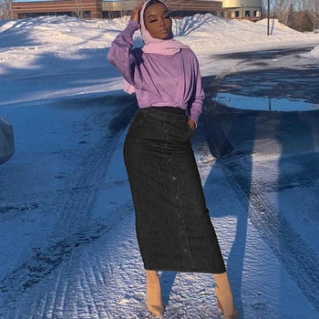 Siskakia Maxi Nederdel Stretch Denim med Høj Talje Bodycon nederdel, Lange Blå Front-Knappen Muslimske Nederdele Mode Kvinder Street wear