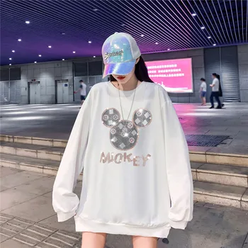 Efteråret Disney Kvinder Hættetrøjer Mickey Mouse Udskrive I Sort / Hvid Sweatshirts Tøj Løs Harajuku Dame Hoodies Kvindelige Nye Sweatshirt
