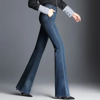 Kvinder Boot Cut Jeans Lang Strækning Blussede Jeans Smukke Blå Bred Ben Lynlås Vasket Retro Bukser Til Efterår Og Vinter Plus Størrelse