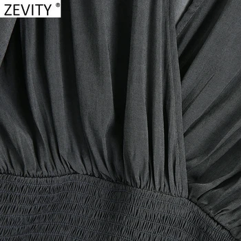 Zevity Kvinder Vintage Cross V Hals Solid Afslappet Slank Kimono Mini Kjole Femme Smarte Hem Elastisk Læg Flæser Part Vestido DS4826