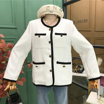 2020 Efteråret Koreanske Løs Tweed Jakke Frakke Kvindelige Lommer Alle Match Damer Enkelt Breasted Ins Streetwear Uldne Overtøj Top