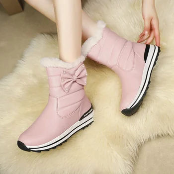 SIMLOVEYO sød sne støvler kvinder kilehæle sko kvinde søde bue pearl pink ankel støvler vandtæt varme bløde botas bottines