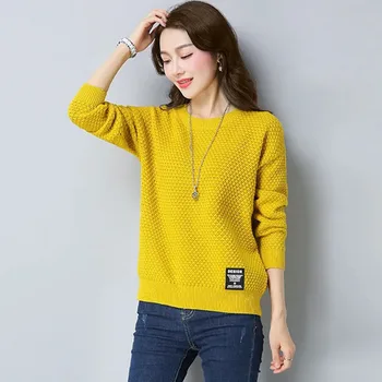 Klassisk Ensfarvet Ribbet O-Hals Strik Pullover Kvinder Koreanske Stor Størrelse Slank Sweater Vintage Strik Toppe Tøj Falde 2021