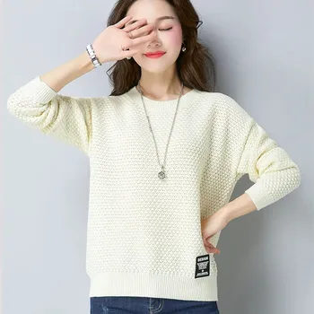 Klassisk Ensfarvet Ribbet O-Hals Strik Pullover Kvinder Koreanske Stor Størrelse Slank Sweater Vintage Strik Toppe Tøj Falde 2021