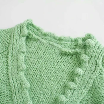 HWLZLTZHT V Neck Cardigan Kvinder Mode Hule Ud Sweater Kvinder Elegant Grøn Lanterne Ærme Trøjer Kvindelige Strikket Frakke