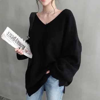 Korea Efterår og Vinter Chic Løs Dovne Pullover Længde V-hals Sweater Bunden Langærmet Cashmere Sweater Kvinder
