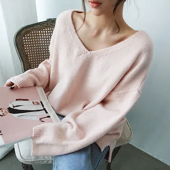Korea Efterår og Vinter Chic Løs Dovne Pullover Længde V-hals Sweater Bunden Langærmet Cashmere Sweater Kvinder