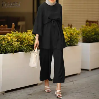 Abaya, at Tyrkiet er Muslimsk Tøj til Kvinder Efteråret Bluse med Lange Bukser 2021 ZANZEA Lange Ærmer Kvinder Belted Shirts Plus Size 2STK