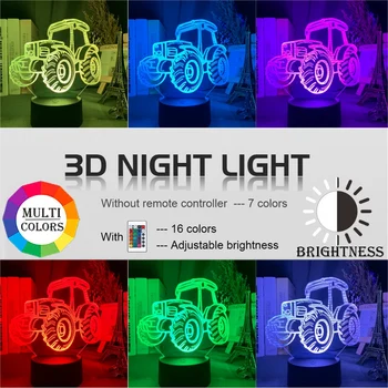 Cool Traktor 3d Optisk Baby Nat Lys Led Touch Sensor, Fjernbetjening Farve Skiftende Vågelampe til Indretning natbordet Lampe Bil