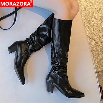 MORAZORA 2020 Nyt knæ høje støvler i ægte læder kvinder støvler mode spidse tå høje hæle vinter damer sko sort
