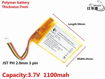 JSO PH 2,0 mm 3 pin God Qulity 3,7 V,1100mAH,703450 Polymer lithium-ion / Li-ion batteri til TOY,POWER BANK,GPS,mp3,mp4
