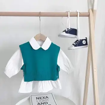 2021 Mode Efteråret Piger, Tøj, Strik Gilet+langærmet Skjorte 2stk Børn Tøj Sæt
