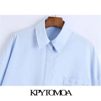KPYTOMOA Kvinder 2021 Mode Rippet Lommer Løs Asymmetrisk Vintage Bluse med Lange Ærmer Side Vents Kvindelige Skjorter Smarte Toppe