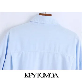 KPYTOMOA Kvinder 2021 Mode Rippet Lommer Løs Asymmetrisk Vintage Bluse med Lange Ærmer Side Vents Kvindelige Skjorter Smarte Toppe