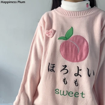 Kawaii Broderi Lyserøde Strikkede Kvinder Sweater, Pullover Japanske Søde Løs Rund Hals Teen Pige Jumper Vinter Sød Femme Træk