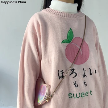 Kawaii Broderi Lyserøde Strikkede Kvinder Sweater, Pullover Japanske Søde Løs Rund Hals Teen Pige Jumper Vinter Sød Femme Træk