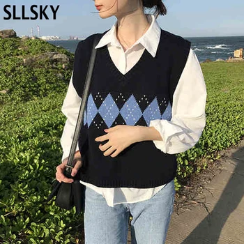 Sllsky Kvinder Sweater Vest Efteråret 2020 Koreansk Stil Vintage Geometriske Argyle V-Hals Uden Ærmer Strikkede Pullovers Kvinde Trøjer