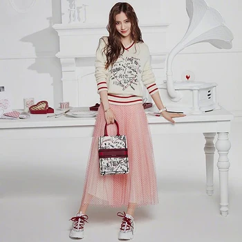 Banens Design Nye Mode af Høj Kvalitet Efteråret Part Bogstav V-Hals Sweater Toppe-Pink Mesh Halvdelen Nederdel, Elegant Women ' S Sæt