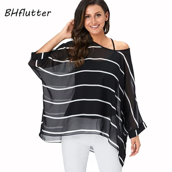 BHflutter 4XL 5XL 6XL Plus Size Bluse Shirt Kvinder Nye Stribet Print Sommeren Tops Tees Batwing Ærme Casual Chiffon Bluser 2019
